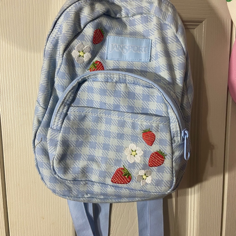 SOLD Jansport Blue Checkered Mini Backpack with Strawberry Embroidery